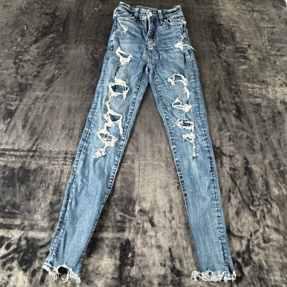 American Eagle Curvy Super Hi-Rise Jegging Womens 000 Blue Distressed Frayed Hem